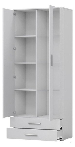 Könyvespolc Tornola 105, Fiókokkal, Ajtókkal, Zárt, Üveg, Laminált forgácslap, 192x80x41cm, Fényes fehér, Fehér