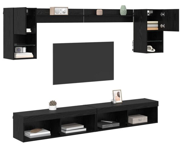 TV Fali Egységek LED-del LED -es lámpákkal 6 pcs Fekete tölgy Faanyag
