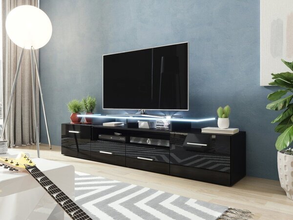 TV-állvány Charlotte 117, Közepes sűrűségű farostlemez, Laminált forgácslap, 38x194x39cm, Fekete, Fényes fekete