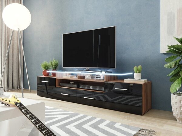 TV-állvány Charlotte 117, Közepes sűrűségű farostlemez, Laminált forgácslap, 38x194x39cm, Fényes fekete, Szilva