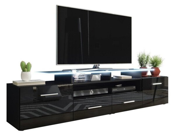 TV-állvány Charlotte 117, Közepes sűrűségű farostlemez, Laminált forgácslap, 38x194x39cm, Fekete, Fényes fekete