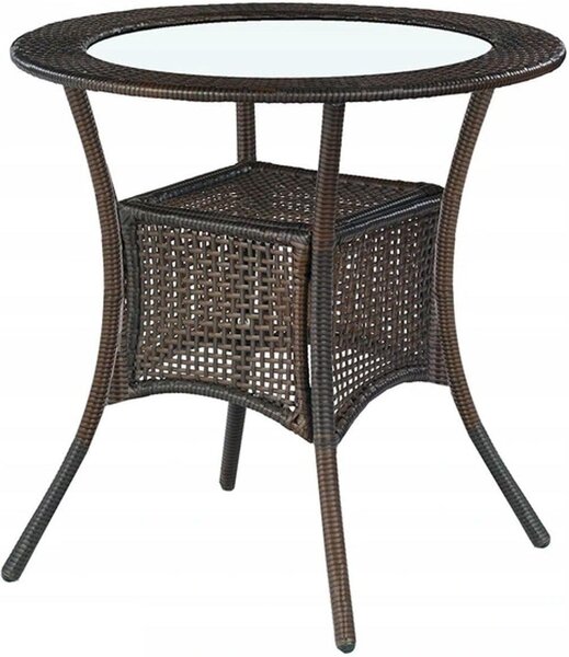 Midas Asztal, Szintetikus Rattan és Üveg, Sötétbarna, Ø74xM74 cm