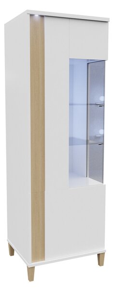 Könyvespolc Florem, Zárt, Ajtókkal, Üveg, Laminált forgácslap, 198x52x40cm, Világos fa, Fényes fehér, Fehér