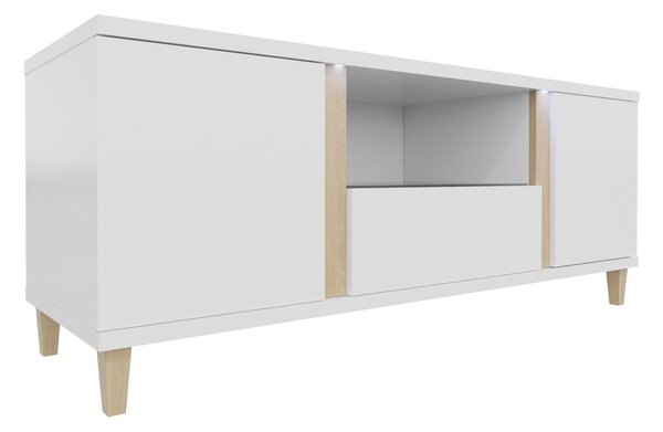 TV-állvány Florem, Laminált forgácslap, 50x150x40cm, Világos fa, Fényes fehér, Fehér