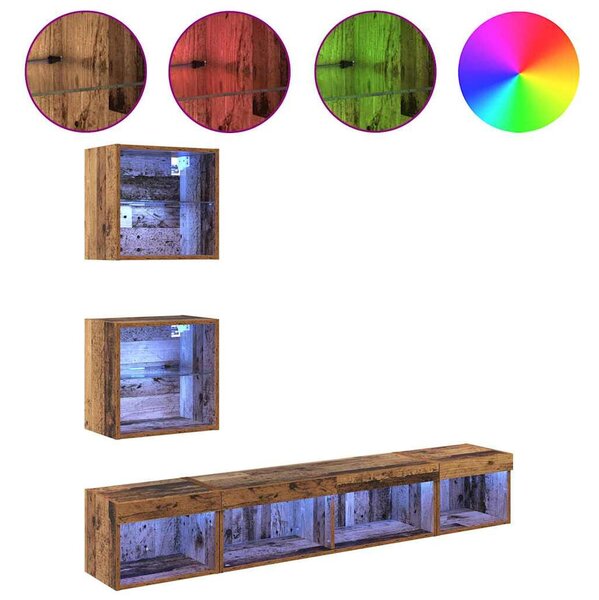 TV Fali Egységek LED-del 5 pcs Régi fa 100 x 30 x 30 cm Faanyag
