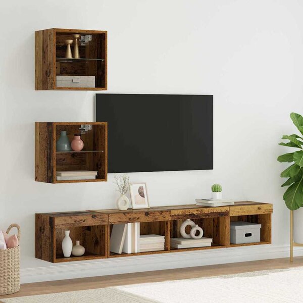 TV Fali Egységek LED-del 5 pcs Régi fa 100 x 30 x 30 cm Faanyag