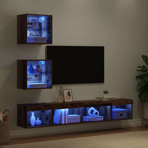 TV Fali Egységek LED-del 5 pcs Régi fa 100 x 30 x 30 cm Faanyag