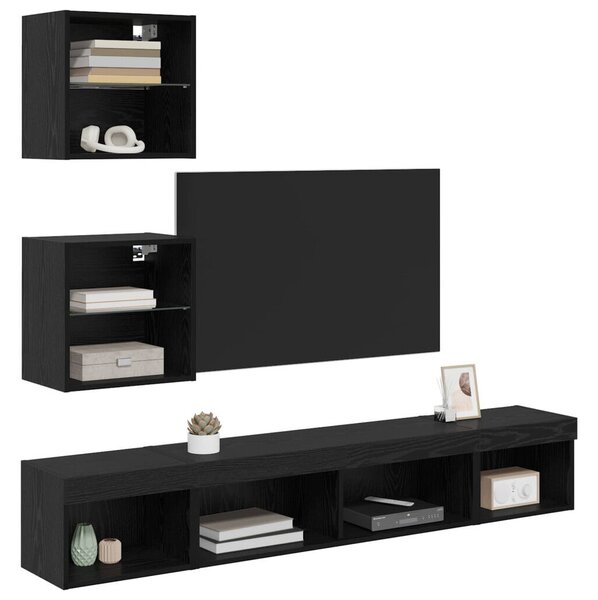 TV Fali Egységek LED-del 5 pcs Fekete tölgy 100 x 30 x 30 cm Faanyag