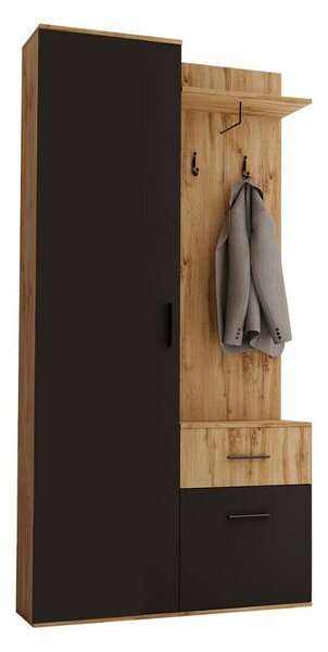 Előszoba garnitúra Columba, 195x97x28cm, Fekete, Wotan tölgy, Laminált forgácslap
