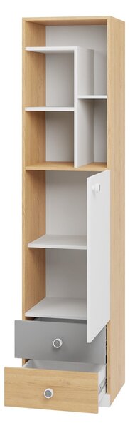 Könyvespolc Tesmonu 104, Fiókokkal, Ajtókkal, Laminált forgácslap, 190x45x40cm, Tölgy, Szürke, Fehér