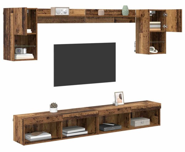TV Fali Egységek LED-del LED -es lámpákkal 6 pcs Öreg fa Faanyag