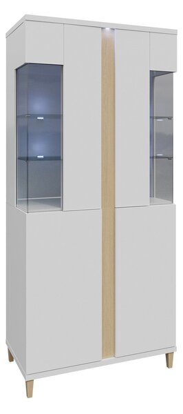 Könyvespolc Livseri 116, Ajtókkal, Zárt, Üveg, Laminált forgácslap, 198x92x40cm, Fényes fehér, Fehér, Világos fa
