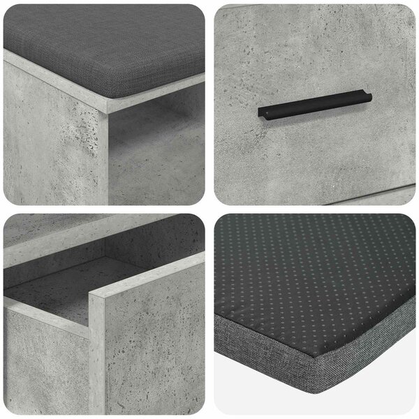 VidaXL Előtér pad párnával fiókkal Beton Szürke 80 x 38 x 46 cm
