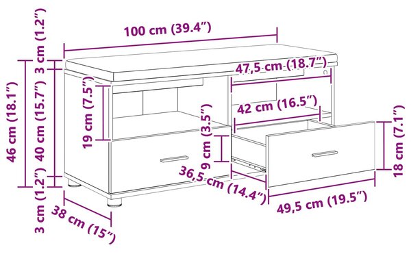VidaXL Előtér pad Füstölt Tölgy 100 x 38 x 46 cm Műanyag Fa és Szövet