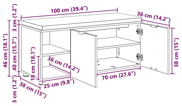 VidaXL Előtér pad párnával Egyszínű Fekete tölgy 100 x 38 x 46 cm