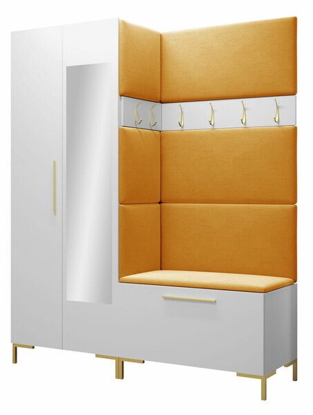 Előszoba garnitúra Nomal IX, 196x158x46cm, Tükör, Fehér, Kárpit, Laminált forgácslap
