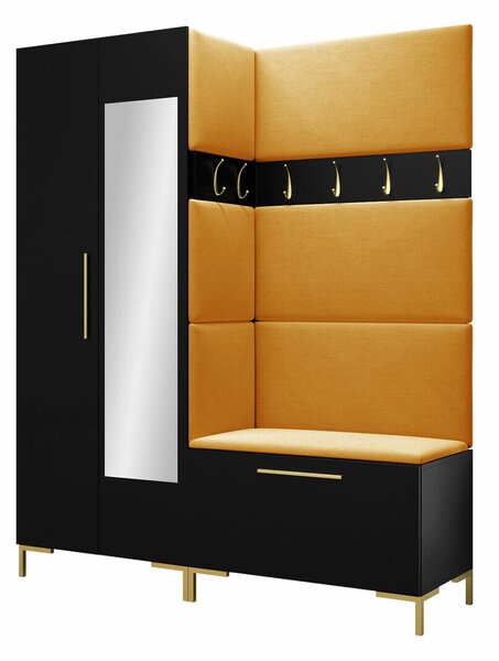Előszoba garnitúra Nomal IX, 196x158x46cm, Tükör, Fekete, Kárpit, Laminált forgácslap