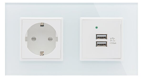 Dupla Sorolt Fehér Üvegkeretes Konnektor + Dupla USB Csatlakozó