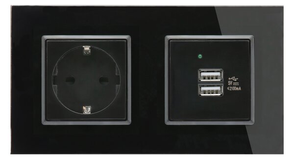 Dupla Sorolt Fekete Üvegkeretes Konnektor + Dupla USB Csatlakozó