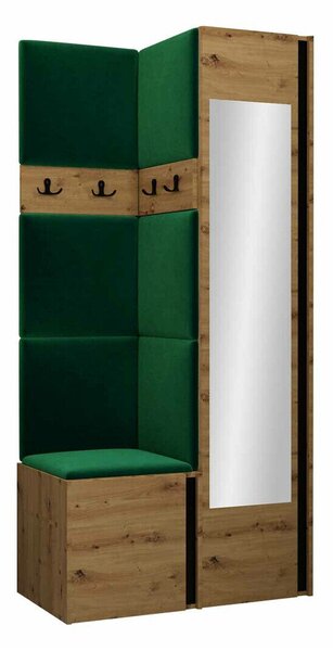 Előszoba garnitúra Pinis XXV, 186x82x46cm, Tükör, Artisan tölgy, Fekete, Laminált forgácslap, Kárpit