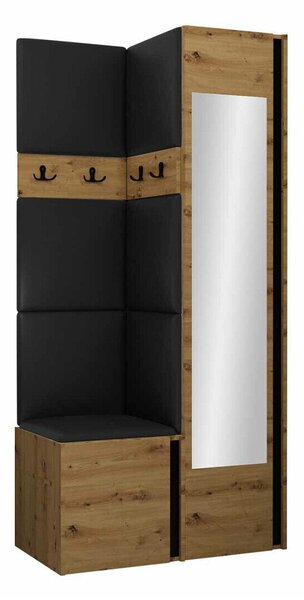 Előszoba garnitúra Pinis XXV, 186x82x46cm, Tükör, Artisan tölgy, Fekete, Öko-bőr, Laminált forgácslap