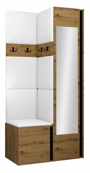 Előszoba garnitúra Pinis XXV, 186x82x46cm, Tükör, Artisan tölgy, Fekete, Öko-bőr, Laminált forgácslap