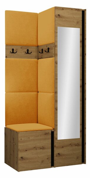 Előszoba garnitúra Pinis XXV, 186x82x46cm, Tükör, Artisan tölgy, Fekete, Kárpit, Laminált forgácslap