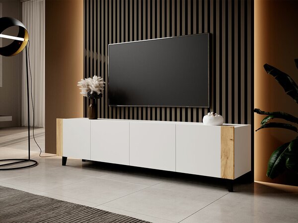 TV-állvány Charlotte 184, Közepes sűrűségű farostlemez, Laminált forgácslap, 53x201x42cm, Craft tölgy, Fehér