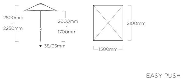 Kettler EASY PUSH napernyő 150×210 cm – UV 50+, vízálló, világosszürke