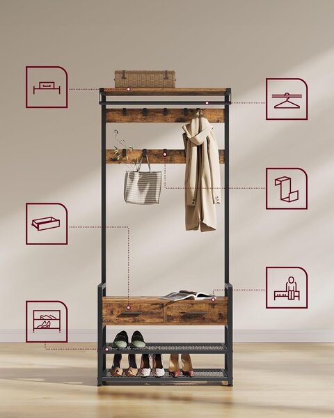 Kampó polccal és 2 fiókkal, acél váz, ipari stílus, 30x80x182 cm, rustikus barna