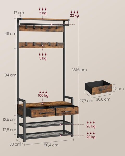 Kampó polccal és 2 fiókkal, acél váz, ipari stílus, 30x80x182 cm, rustikus barna