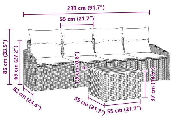 VidaXL Kerti Kanapé Szett párnával 5 pcs Fekete polirattan