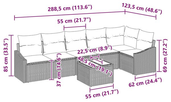 VidaXL Kanapé Szett párnával 7 pcs Fekete polirattan