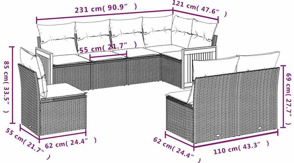 VidaXL 8 db fekete polyrattan kerti kanapégarnitúra párnákkal