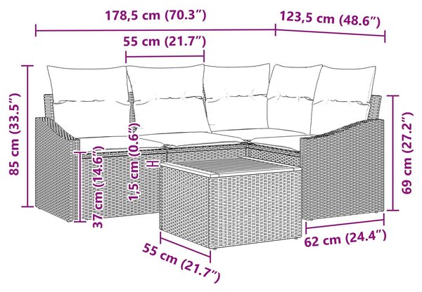 VidaXL Kerti Kanapé Szett párnával 5 pcs Fekete polirattan