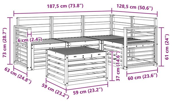 VidaXL Kültéri kanapé szett 5 pcs Fehér 59 x 59 x 37 cm Tömör Akácfa