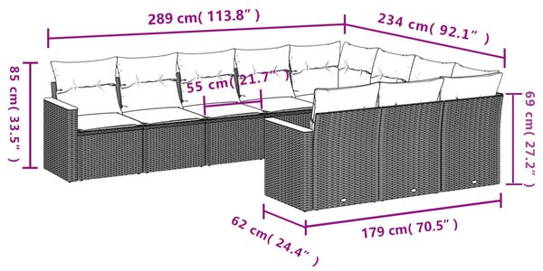 VidaXL 10 db szürke polyrattan kerti kanapégarnitúra párnákkal