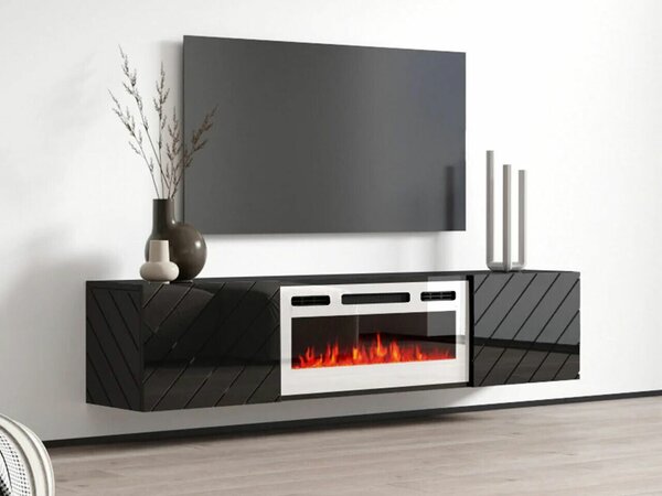 TV-állvány Mensura, Közepes sűrűségű farostlemez, Laminált forgácslap, 38x183x35cm, Fehér, Fényes fekete, Fekete