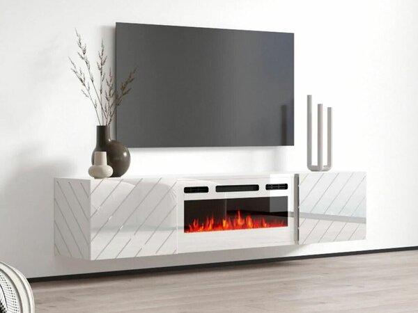 TV-állvány Mensura, Közepes sűrűségű farostlemez, Laminált forgácslap, 38x183x35cm, Fényes fehér, Fehér