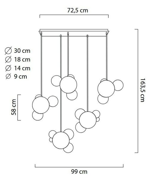 MOOSEE Capri Line 5 LED Függőlámpa Arany Üveggömbökkel