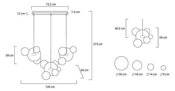 MOOSEE Capri Line 3 LED Függőlámpa Arany Üveggömbökkel