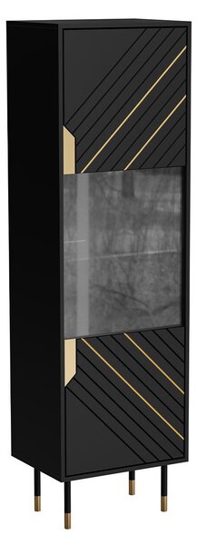 Könyvespolc Elmteo 105, Zárt, Ajtókkal, Közepes sűrűségű farostlemez, Laminált forgácslap, Edzett üveg, 180x54x40cm, Fekete, Aranysárga