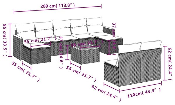 VidaXL 10 db fekete polyrattan kerti kanapégarnitúra párnákkal