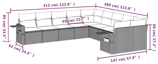 VidaXL 10 db barna polyrattan kerti kanapégarnitúra párnákkal