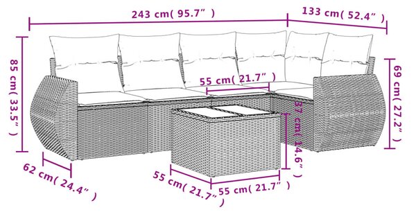 VidaXL 6 db barna polyrattan kerti kanapégarnitúra párnákkal