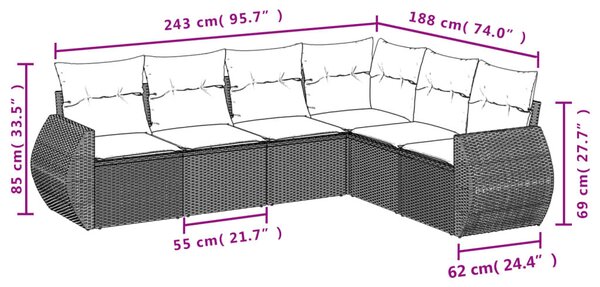 VidaXL 6 db barna polyrattan kerti kanapégarnitúra párnákkal