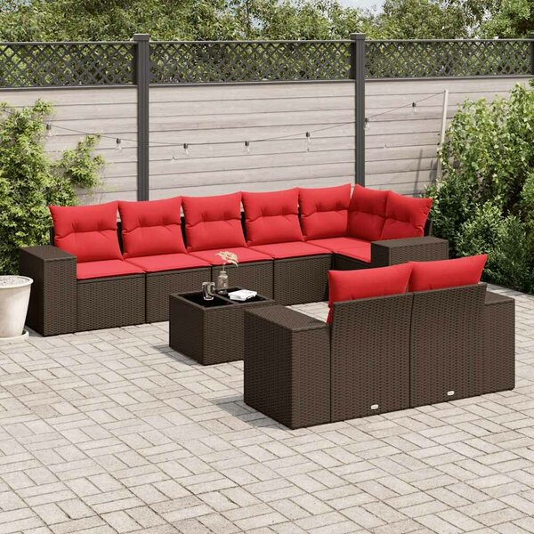 VidaXL 9 db barna polyrattan kerti kanapégarnitúra párnákkal