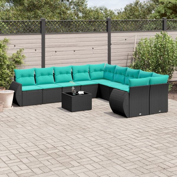 VidaXL 11 db fekete polyrattan kerti kanapégarnitúra párnákkal