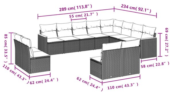 VidaXL 12 db szürke polyrattan kerti kanapégarnitúra párnákkal