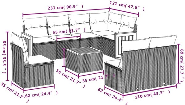 VidaXL 9 db szürke polyrattan kerti kanapégarnitúra párnákkal
